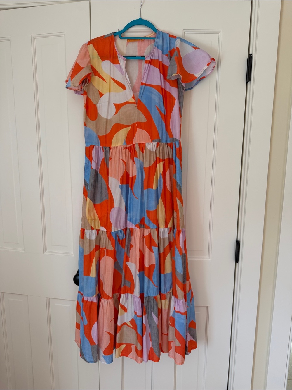 Oliphant Multicolor Abstract Tiered Maxi Dress - Orange, Blue & Pink